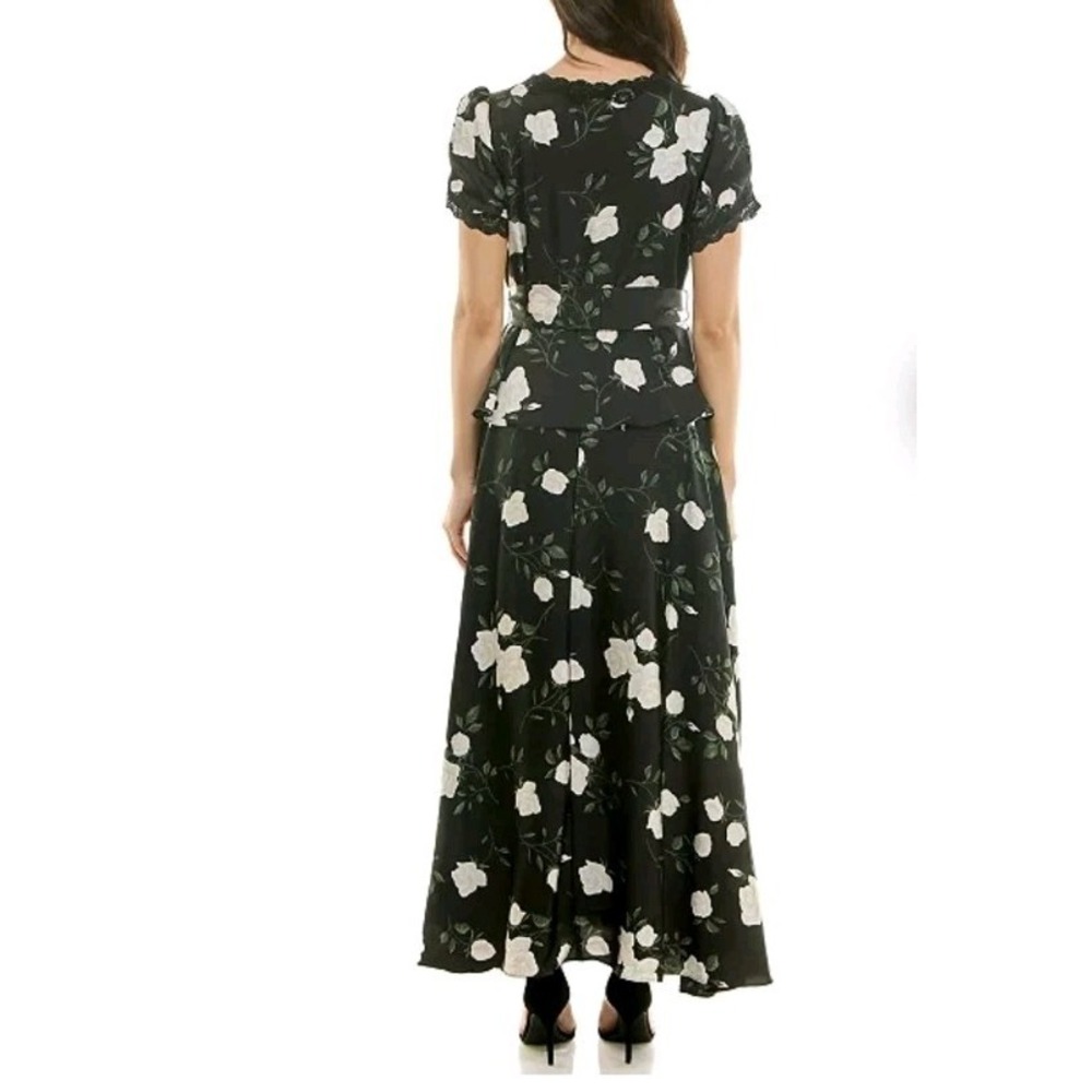 Taylor Women's Black Floral Short Sleeve V-neck Tie Waist Peplum Maxi Dress - Picture 3 of 16